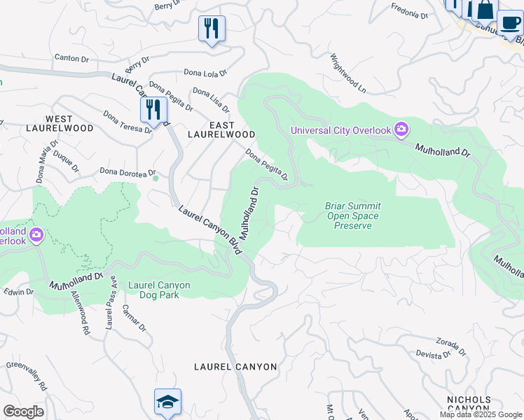 map of restaurants, bars, coffee shops, grocery stores, and more near 8056 Mulholland Drive in Los Angeles