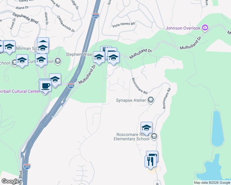 map of restaurants, bars, coffee shops, grocery stores, and more near 15494 Milldale Drive in Los Angeles
