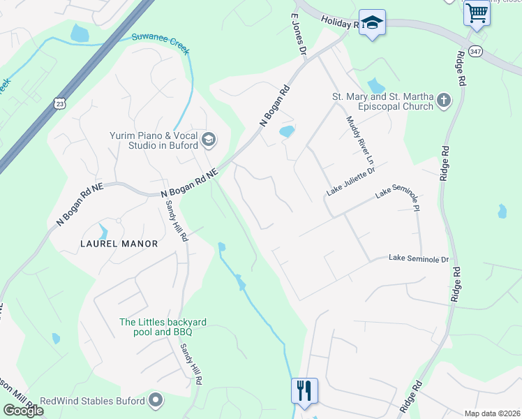 map of restaurants, bars, coffee shops, grocery stores, and more near 4471 Bogan Gates Trail in Buford