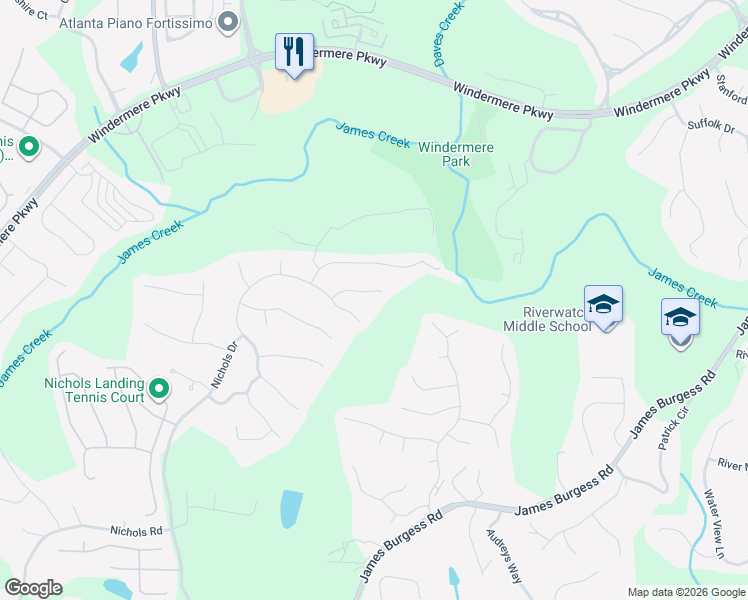 map of restaurants, bars, coffee shops, grocery stores, and more near 1290 Wondering Way in Suwanee