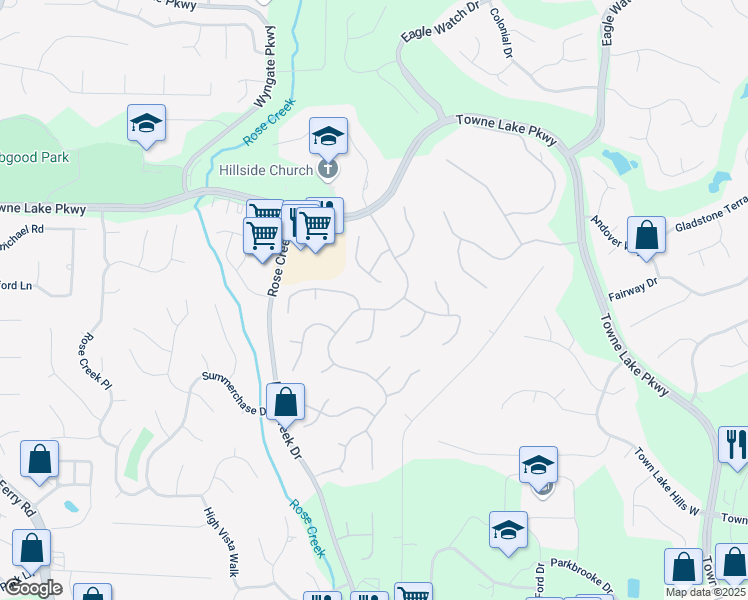 map of restaurants, bars, coffee shops, grocery stores, and more near 1161 Arborhill Drive in Woodstock