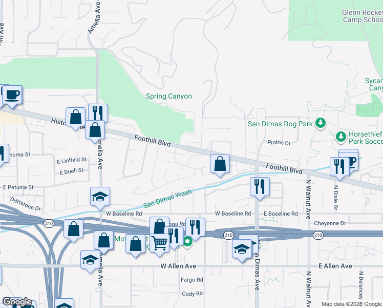 map of restaurants, bars, coffee shops, grocery stores, and more near 1273 Tarryglen Lane in San Dimas
