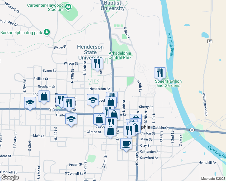 map of restaurants, bars, coffee shops, grocery stores, and more near 406 North 10th Street in Arkadelphia