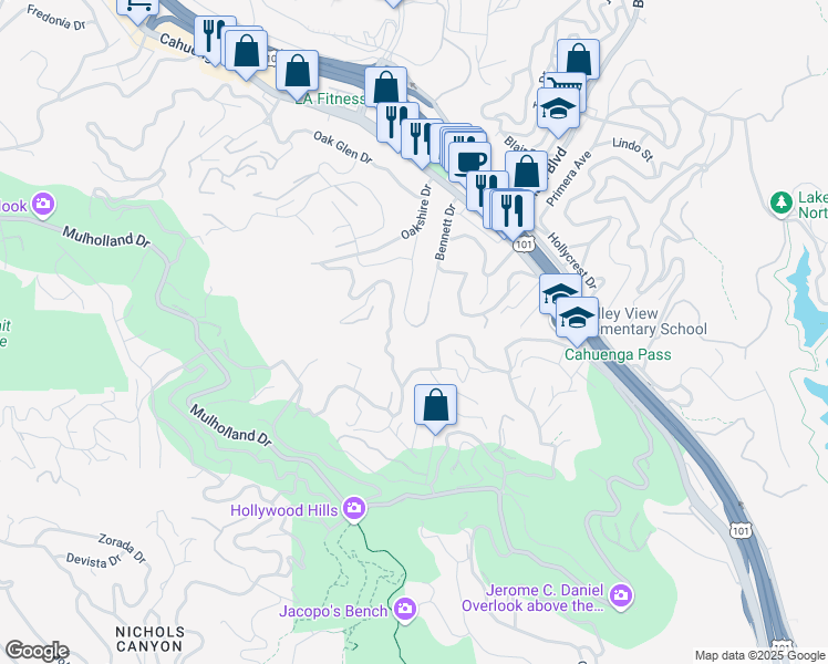 map of restaurants, bars, coffee shops, grocery stores, and more near 3099 Ellington Drive in Los Angeles