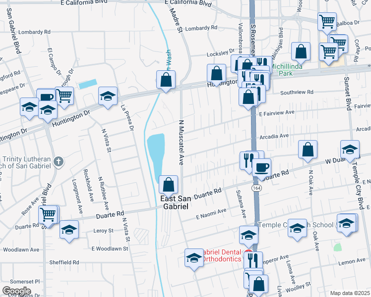 map of restaurants, bars, coffee shops, grocery stores, and more near 6968 North Muscatel Avenue in San Gabriel