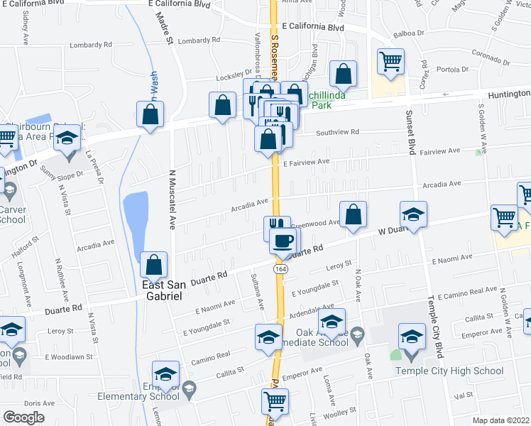 map of restaurants, bars, coffee shops, grocery stores, and more near 7025 Rosemead Boulevard in San Gabriel