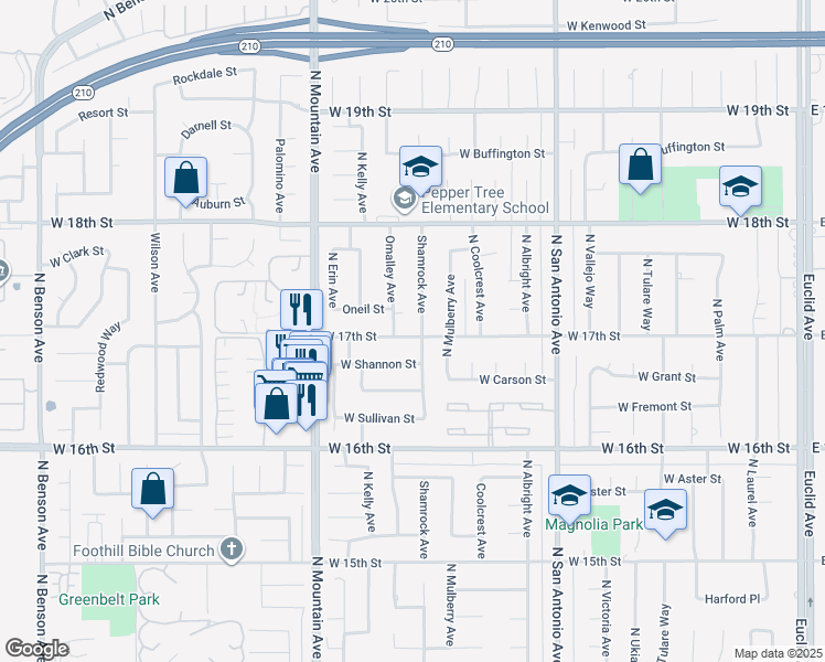 map of restaurants, bars, coffee shops, grocery stores, and more near 1703 Shamrock Avenue in Upland