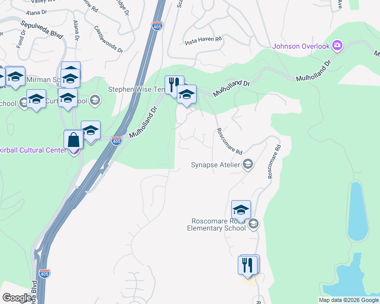 map of restaurants, bars, coffee shops, grocery stores, and more near 15494 Milldale Drive in Los Angeles