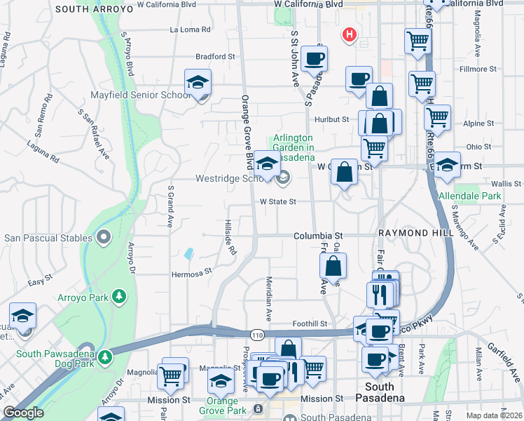 map of restaurants, bars, coffee shops, grocery stores, and more near 1200 South Orange Grove Boulevard in Pasadena