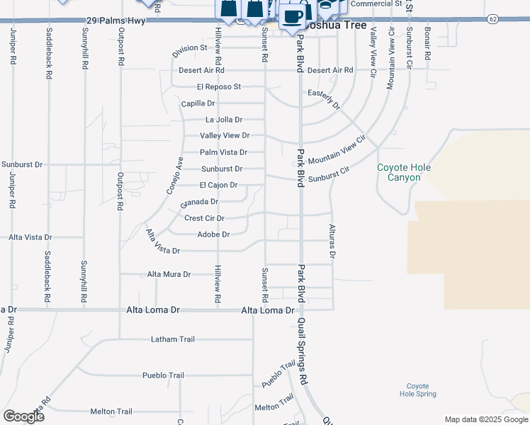 map of restaurants, bars, coffee shops, grocery stores, and more near Sunset Road in Joshua Tree