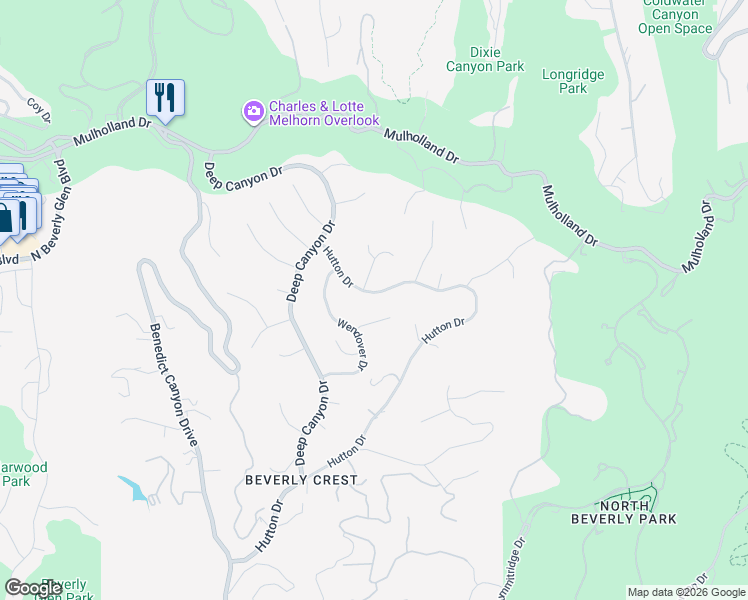 map of restaurants, bars, coffee shops, grocery stores, and more near 3119 Hutton Drive in Beverly Hills