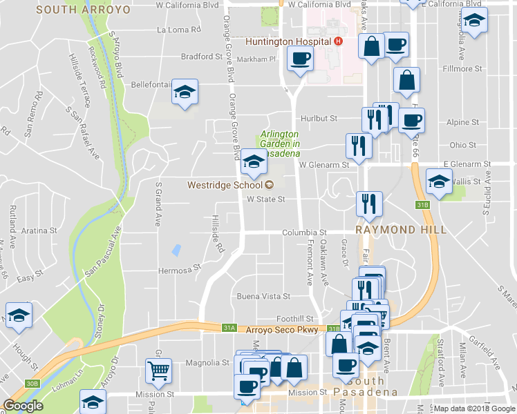 map of restaurants, bars, coffee shops, grocery stores, and more near 1201 Brookmere Road in Pasadena