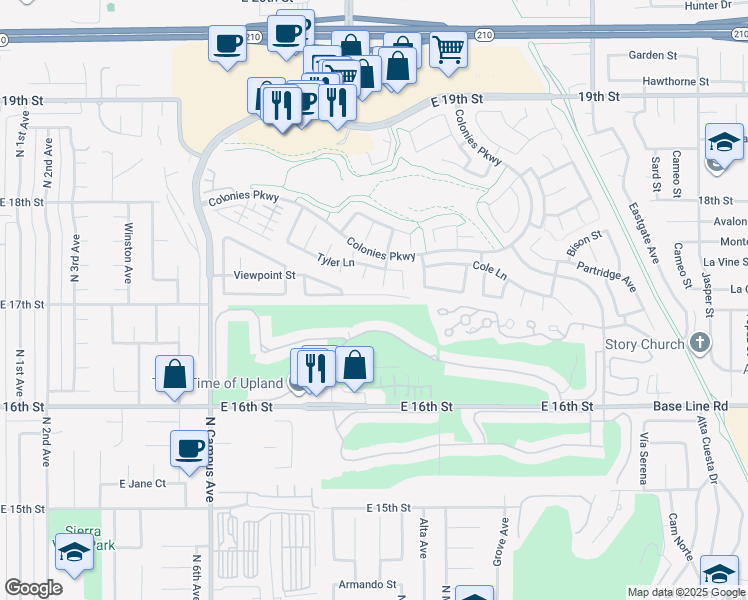 map of restaurants, bars, coffee shops, grocery stores, and more near 1254 Scenic View Street in Upland