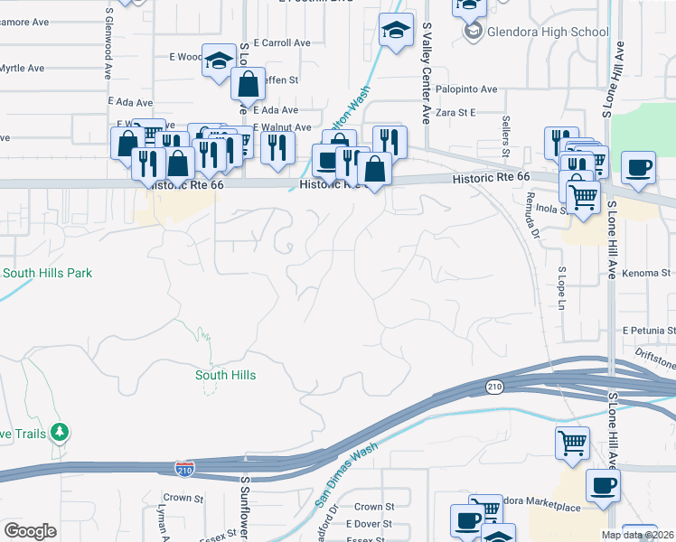 map of restaurants, bars, coffee shops, grocery stores, and more near 734 Puma Canyon Lane in Glendora