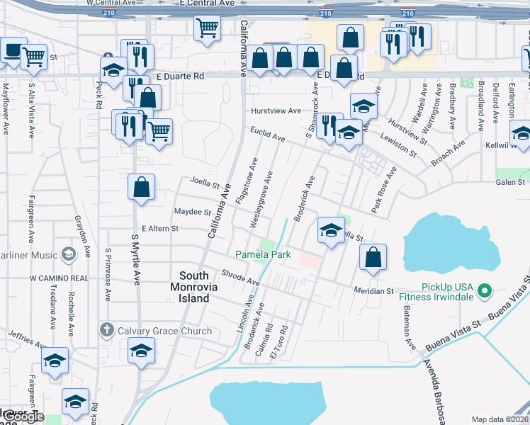 map of restaurants, bars, coffee shops, grocery stores, and more near 2154 Goodall Avenue in Duarte