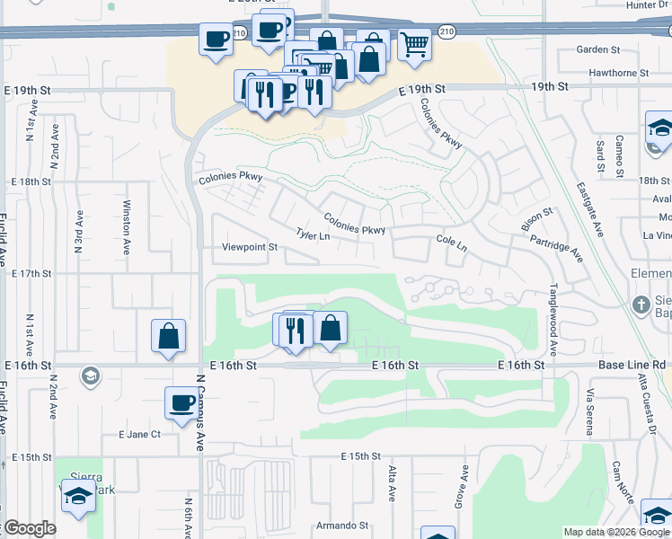 map of restaurants, bars, coffee shops, grocery stores, and more near 1228 Scenic View Street in Upland