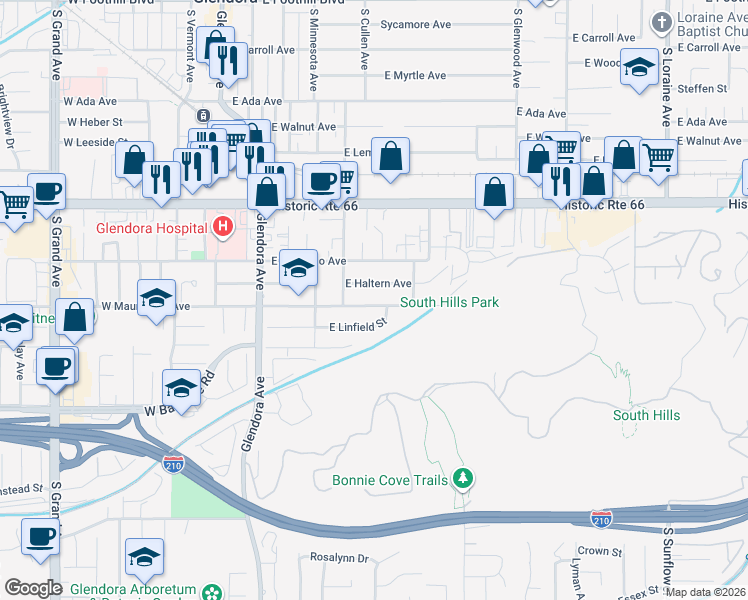 map of restaurants, bars, coffee shops, grocery stores, and more near 437 East Mauna Loa Avenue in Glendora