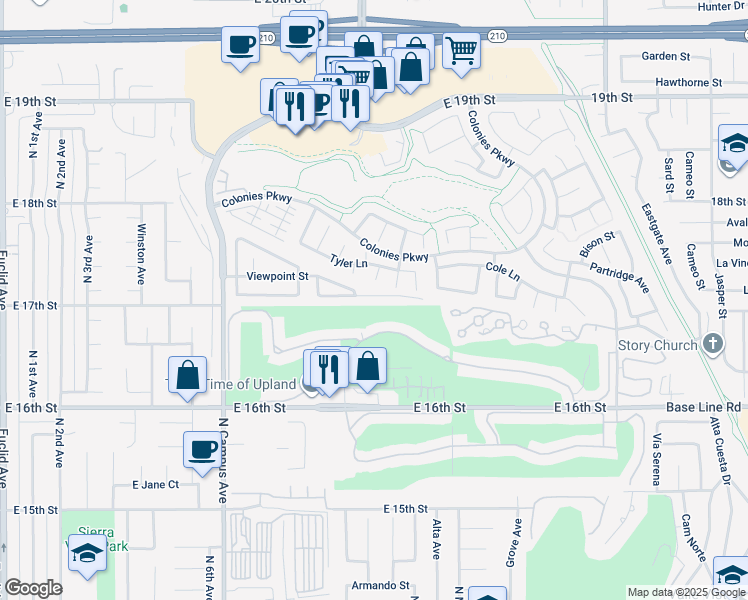 map of restaurants, bars, coffee shops, grocery stores, and more near 1228 Scenic View Street in Upland