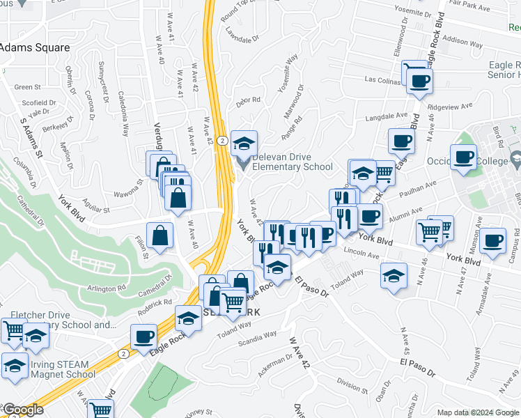 map of restaurants, bars, coffee shops, grocery stores, and more near 4042 West Avenue 42 in Los Angeles