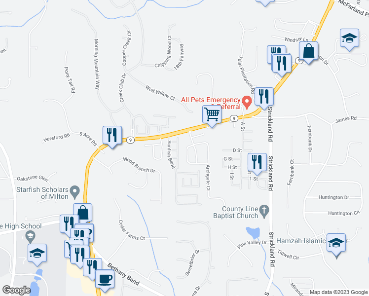 map of restaurants, bars, coffee shops, grocery stores, and more near 3384 Archgate Court in Alpharetta