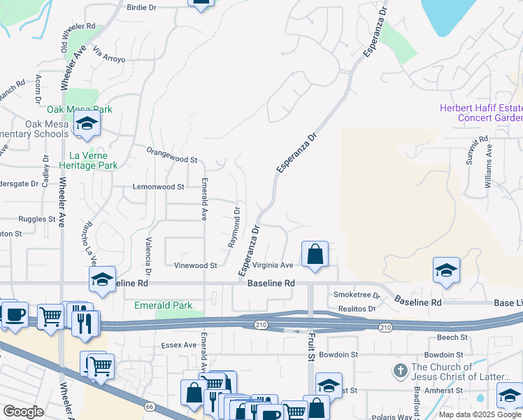 map of restaurants, bars, coffee shops, grocery stores, and more near in La Verne