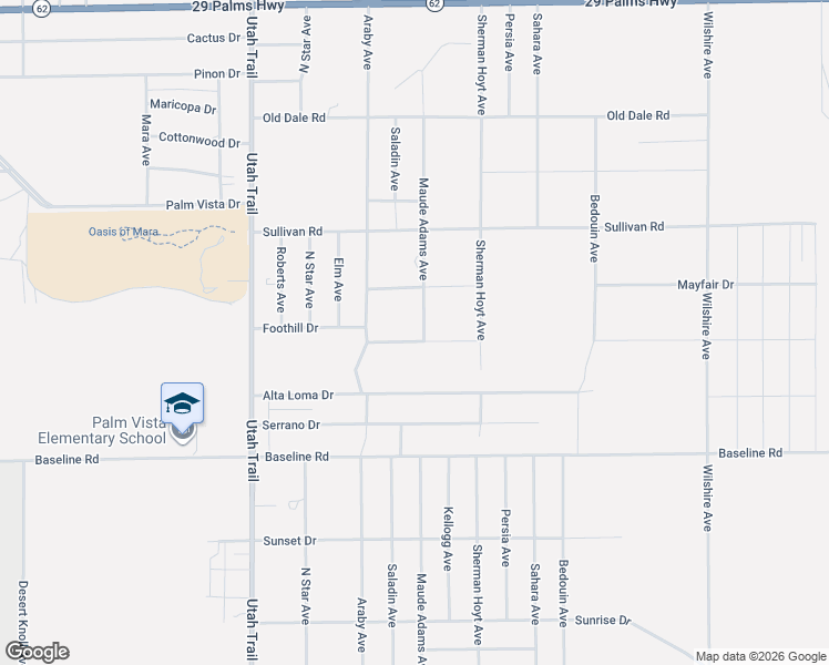 map of restaurants, bars, coffee shops, grocery stores, and more near 74784 Foothill Drive in Twentynine Palms