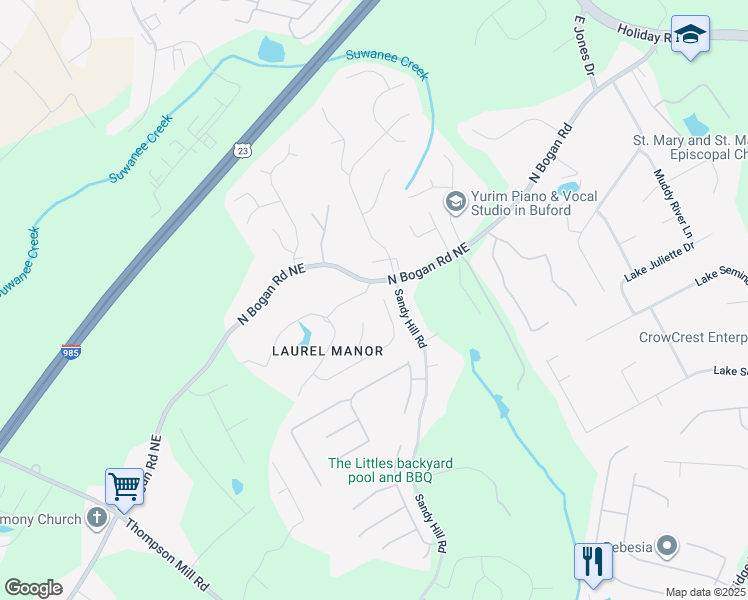 map of restaurants, bars, coffee shops, grocery stores, and more near 3538 Lily Magnolia Court in Buford