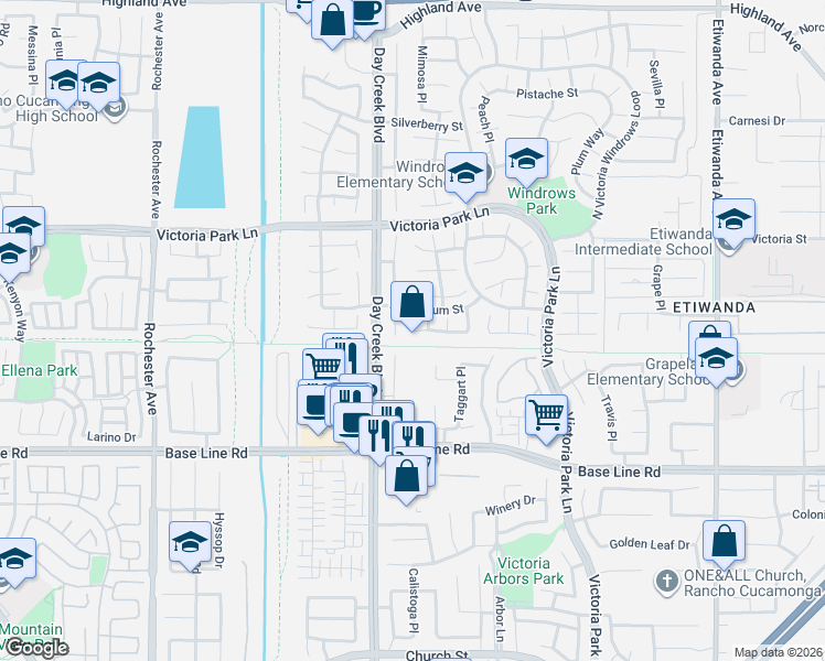 map of restaurants, bars, coffee shops, grocery stores, and more near 9309 Sweetgum Drive in Rancho Cucamonga