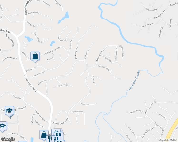 map of restaurants, bars, coffee shops, grocery stores, and more near 1064 Towne Lake Hills East in Woodstock
