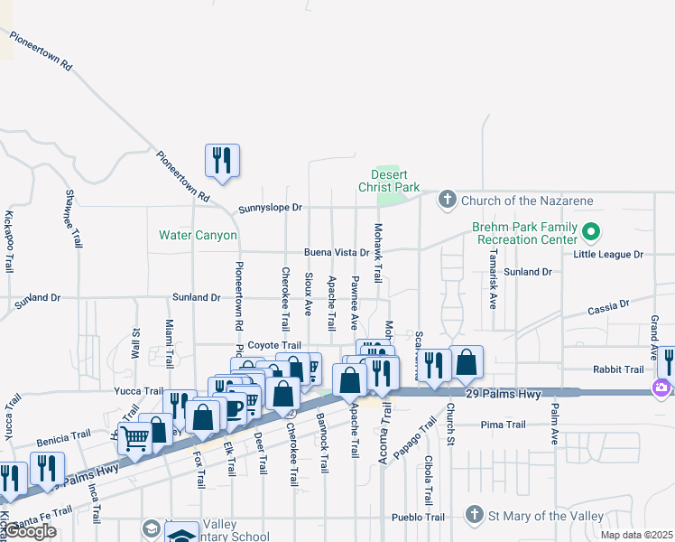 map of restaurants, bars, coffee shops, grocery stores, and more near 7071 Apache Trail in Yucca Valley