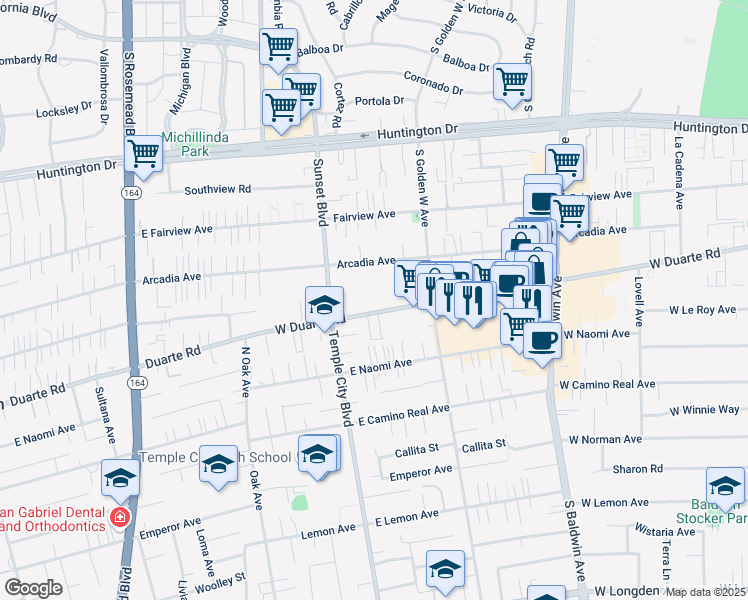 map of restaurants, bars, coffee shops, grocery stores, and more near 969 West Duarte Road in Arcadia