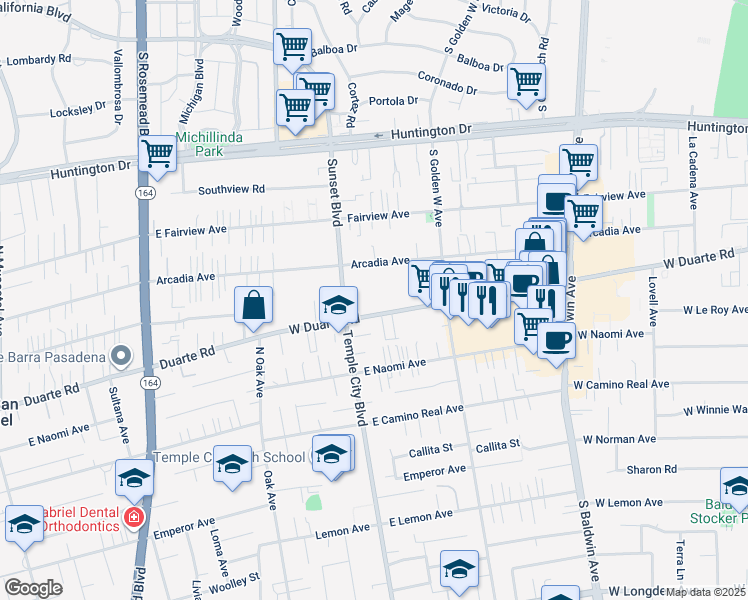 map of restaurants, bars, coffee shops, grocery stores, and more near 1031 West Duarte Road in Arcadia