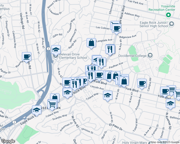 map of restaurants, bars, coffee shops, grocery stores, and more near 4423 North Eagle Rock Boulevard in Los Angeles