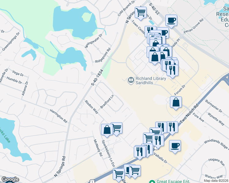 map of restaurants, bars, coffee shops, grocery stores, and more near 1216 Bradford Ridge Lane in Columbia