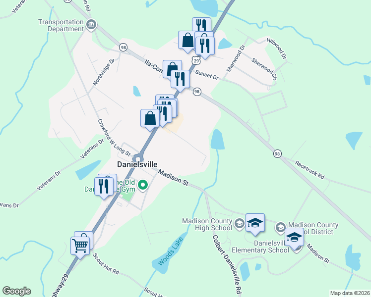 map of restaurants, bars, coffee shops, grocery stores, and more near 184 Mama B Drive in Danielsville