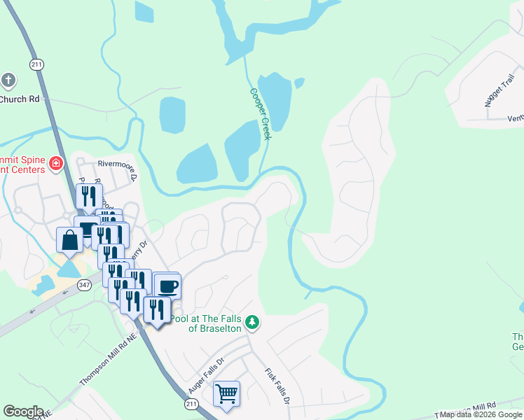 map of restaurants, bars, coffee shops, grocery stores, and more near 6843 Grand Hickory Drive in Braselton