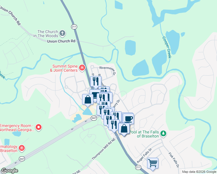 map of restaurants, bars, coffee shops, grocery stores, and more near 6023 Riverwood Drive in Braselton