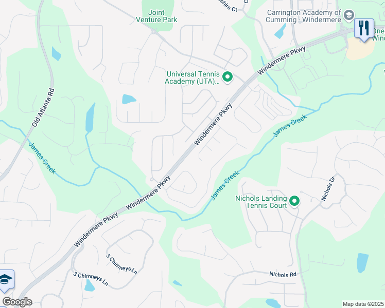map of restaurants, bars, coffee shops, grocery stores, and more near 4450 Sandalwood Way in Cumming