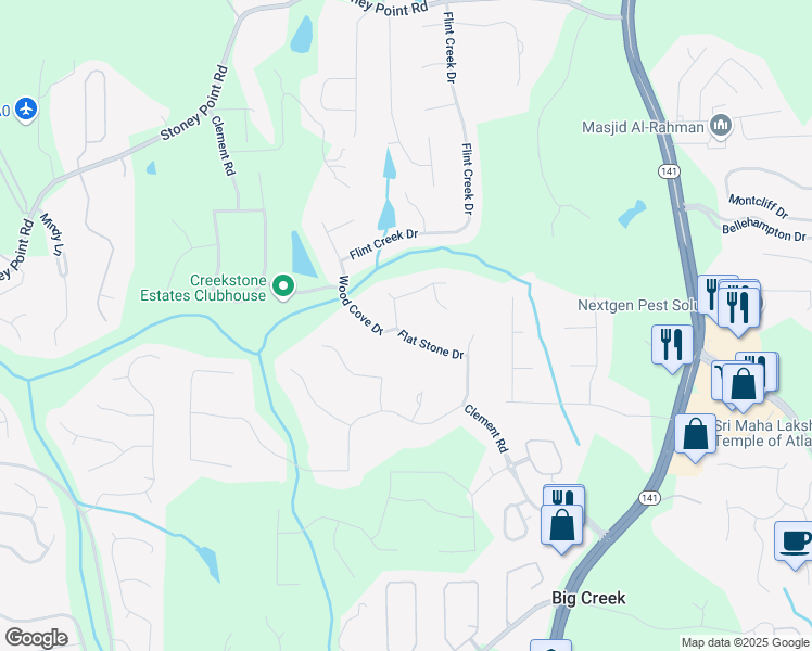 map of restaurants, bars, coffee shops, grocery stores, and more near 2335 Flat Stone Drive in Cumming