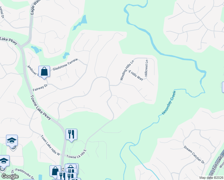 map of restaurants, bars, coffee shops, grocery stores, and more near 1064 Towne Lake Hills East in Woodstock