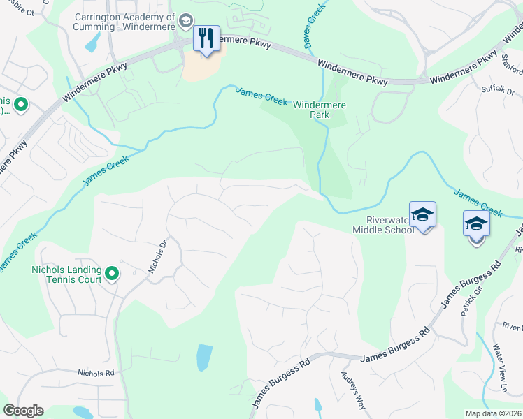 map of restaurants, bars, coffee shops, grocery stores, and more near 1290 Wondering Way in Suwanee