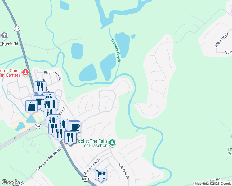map of restaurants, bars, coffee shops, grocery stores, and more near 6843 Grand Hickory Drive in Braselton