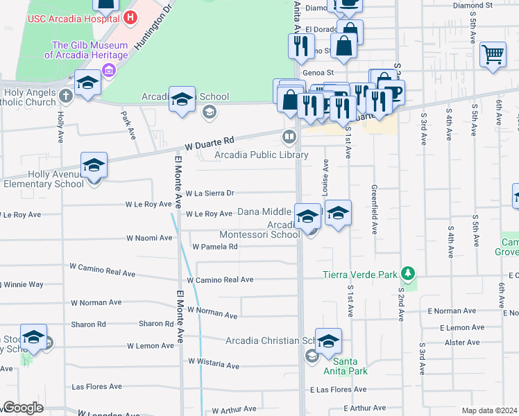map of restaurants, bars, coffee shops, grocery stores, and more near 55 West Le Roy Avenue in Arcadia