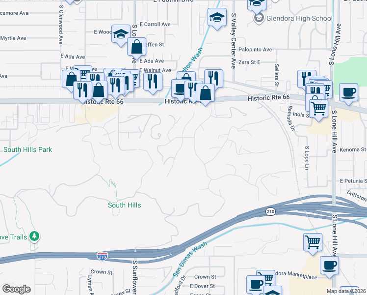 map of restaurants, bars, coffee shops, grocery stores, and more near 734 Puma Canyon Lane in Glendora