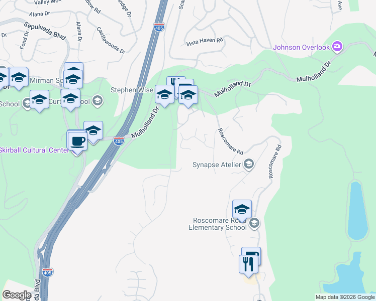 map of restaurants, bars, coffee shops, grocery stores, and more near 15494 Milldale Drive in Los Angeles