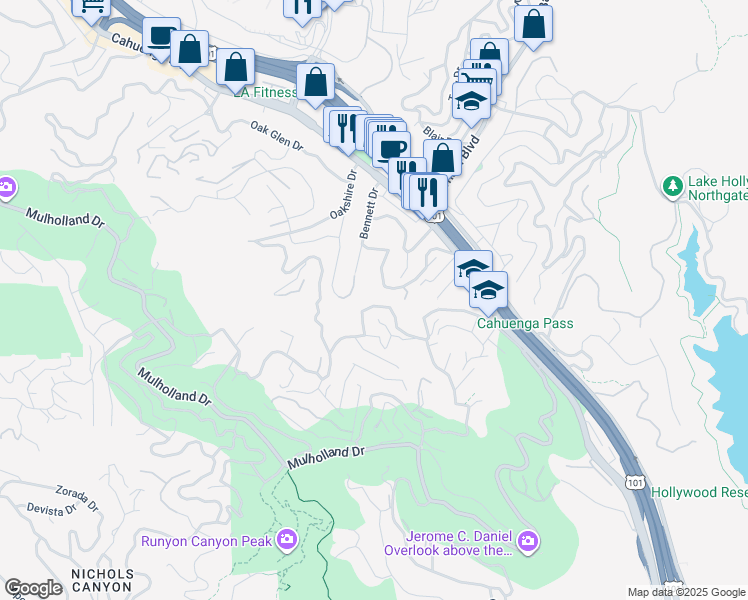 map of restaurants, bars, coffee shops, grocery stores, and more near 7191 Woodrow Wilson Drive in Los Angeles