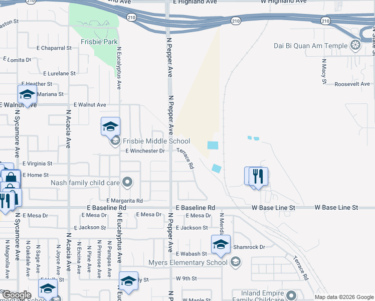 map of restaurants, bars, coffee shops, grocery stores, and more near 1361 Terrace Road in Rialto