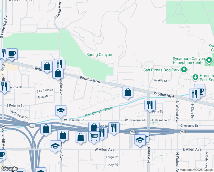 map of restaurants, bars, coffee shops, grocery stores, and more near 411 Heatherglen Lane in San Dimas