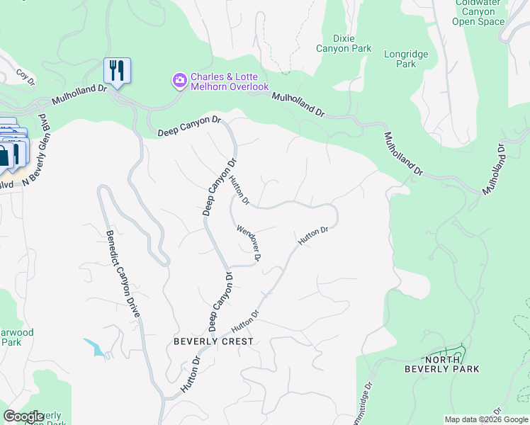 map of restaurants, bars, coffee shops, grocery stores, and more near 9697 Moorgate Road in Beverly Hills