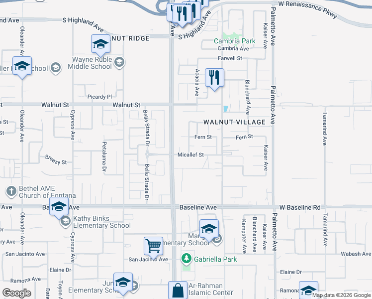 map of restaurants, bars, coffee shops, grocery stores, and more near 7072 Newport Avenue in Fontana